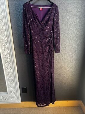 Ralph Lauren Deep Purple Sequin Lace Long-Sleeve Gown